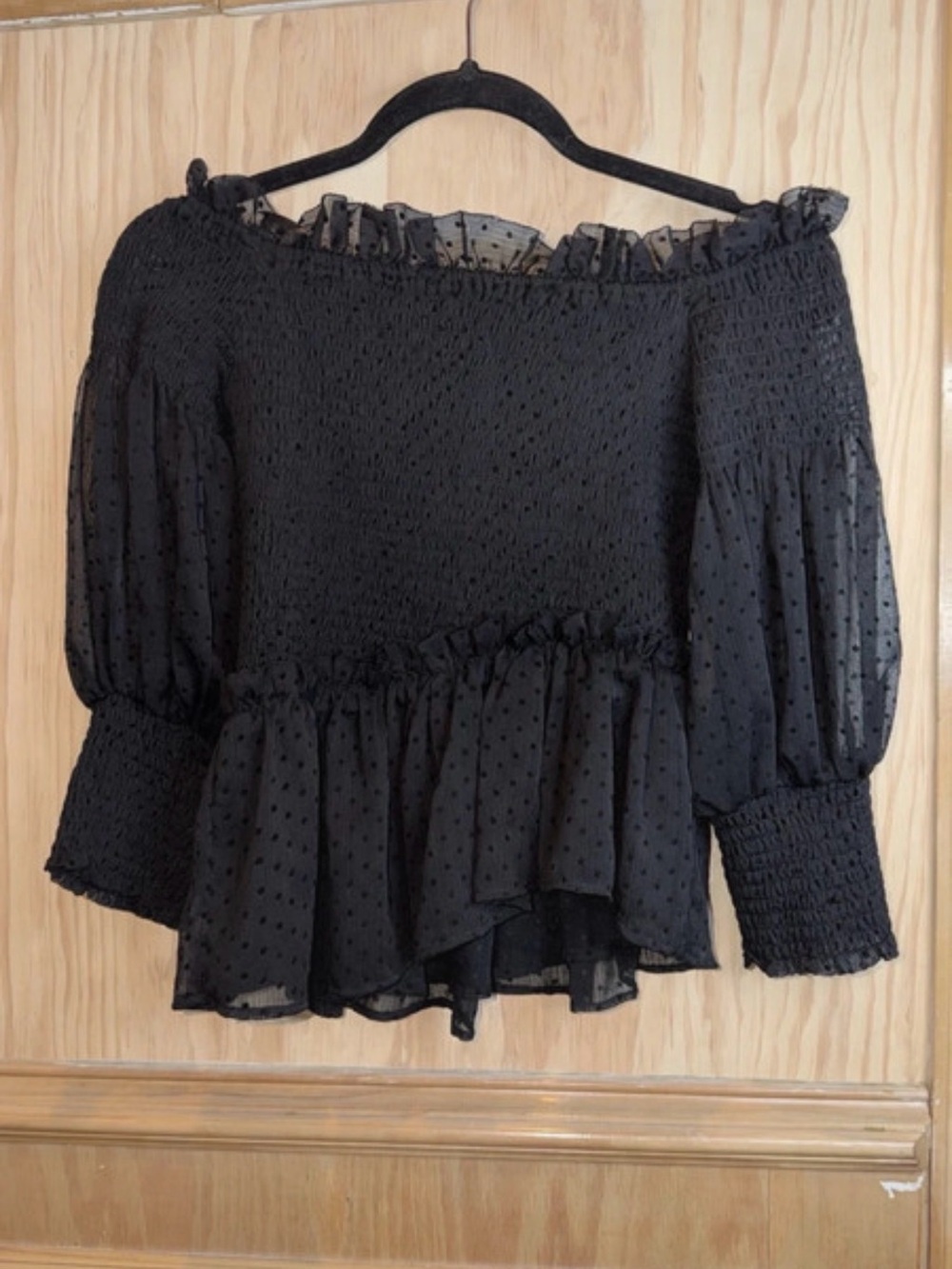 Black Smocked Off-Shoulder Swiss Dot Peplum Top